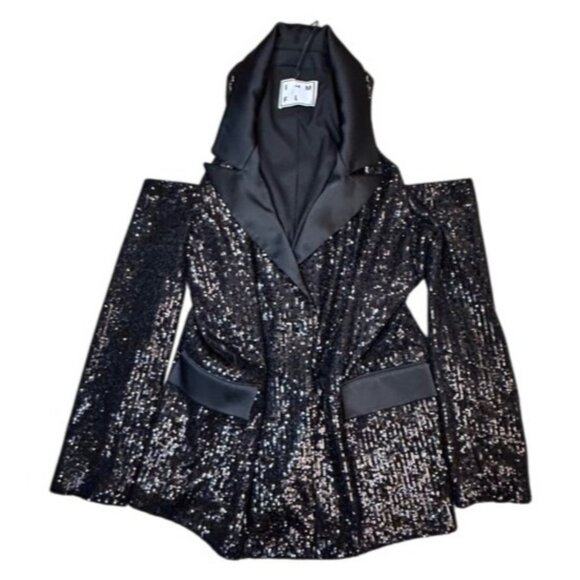IN THE MOOD FOR LOVE Laurent Sequined Open-Shoulder Jacket in Black - Picture 1 of 4